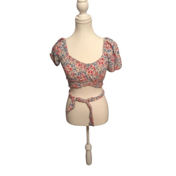 Altar'd State Pink Size Medium Floral Cropped Blouse With Puff Sleeve Tie Around - Picture 1 of 10